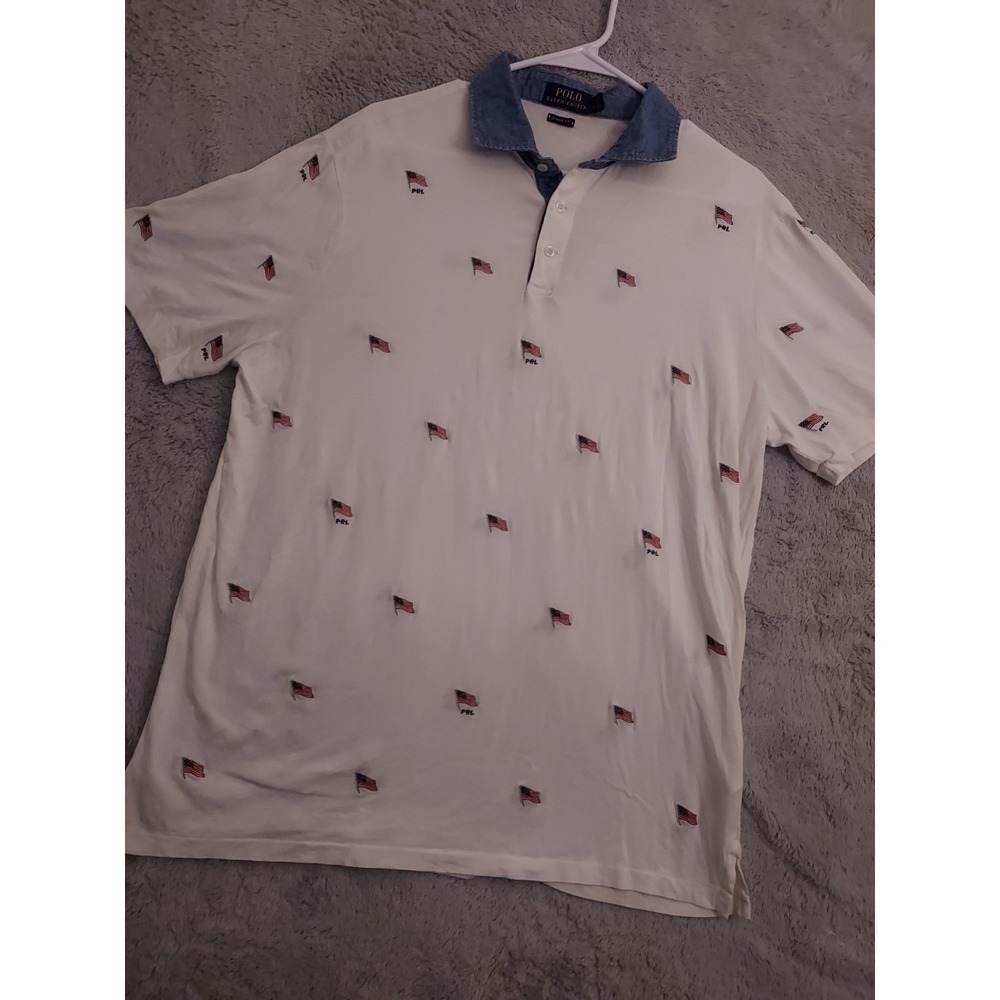Polo Ralph Lauren Shirt Mens Large Geometric USA Flag Contrast Collar Patriotic